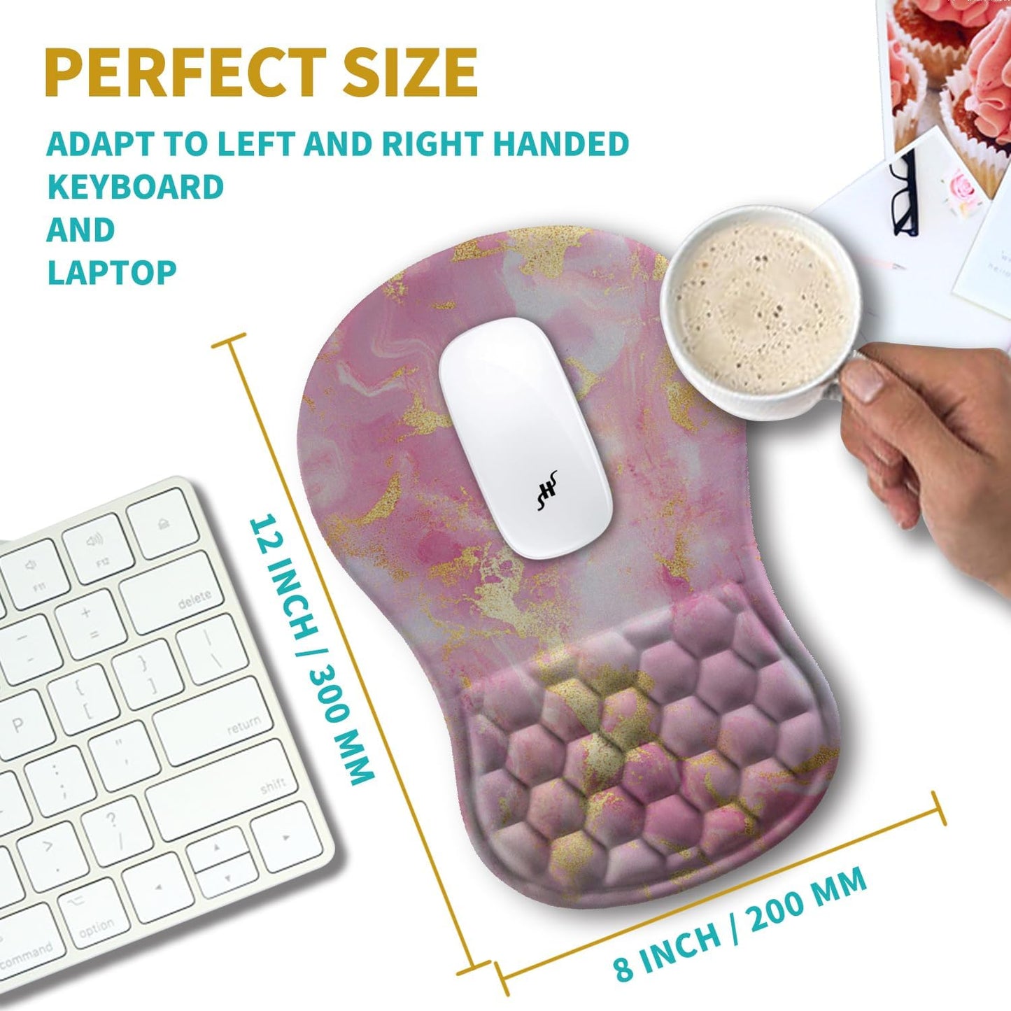 Hokafenle Ergonomic Mouse Pad Wrist Support, Wrist Rest Mousepad for Carpal Tunnel Pain Relief with Integrated Memory Foam Slope Massage Bulge (11.8x7.9 inch,Pink Gold Marble