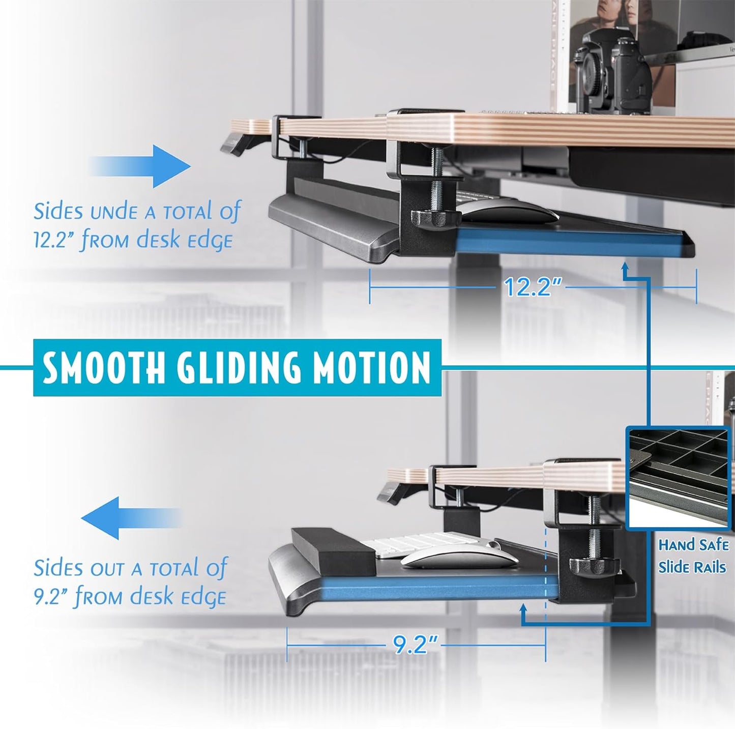 EHO Large Ergonomic C-Clamp Keyboard Tray Mount Under Desk with Wrist Rest, Slide-Out Platform 27.5" (31.8" Including Clamps) x 12.5", Pull Out Keyboard & Mouse Tray for Home or Office, Black