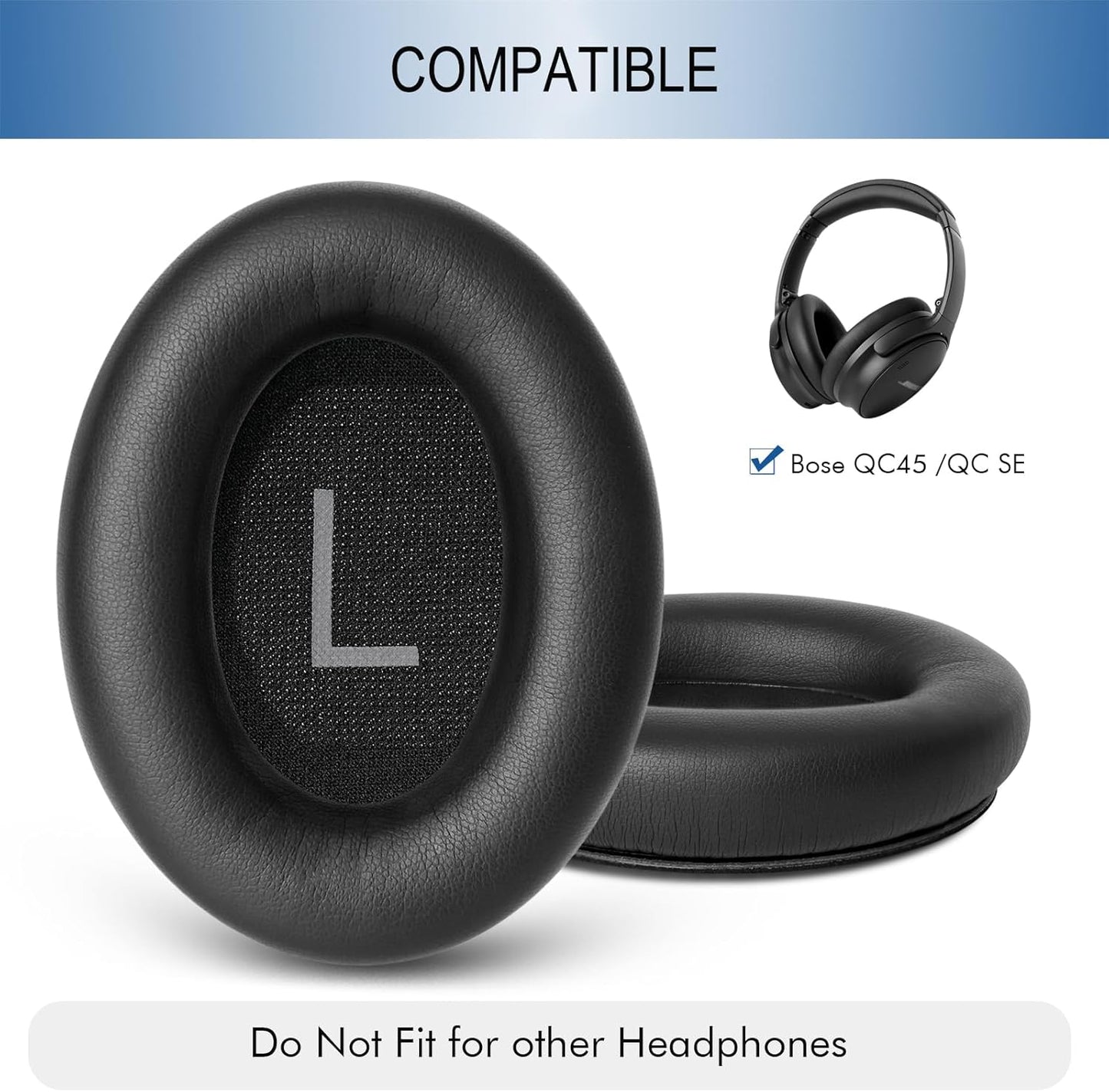 GEVO Replacement Ear Pads for Bose QC45, Ear Cushions for Bose QuietComfort 45 (QC45) & Quiet Comfort SE (QC SE) Headphones, Earpads with Softer Leather Noise Isolation Foam (Black)