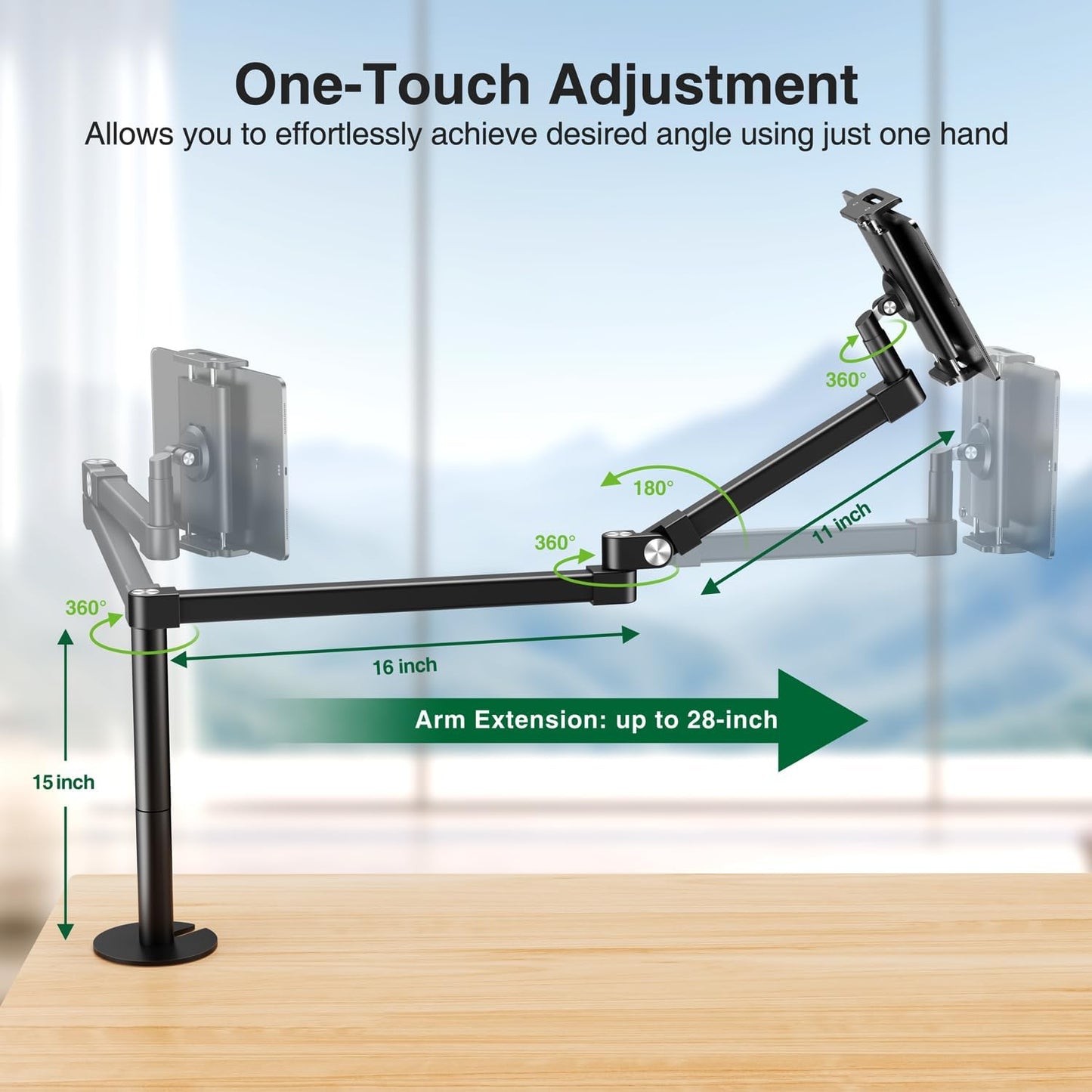 elitehood Long Arm iPad Desk Mount with Grommet Mounting Base, Heavy Duty Aluminum Tablet Holder for Desk, Swivel Arm Mount for iPad Pro 13/12.9 Air Mini, iPhone and 4.7-13in Tablets