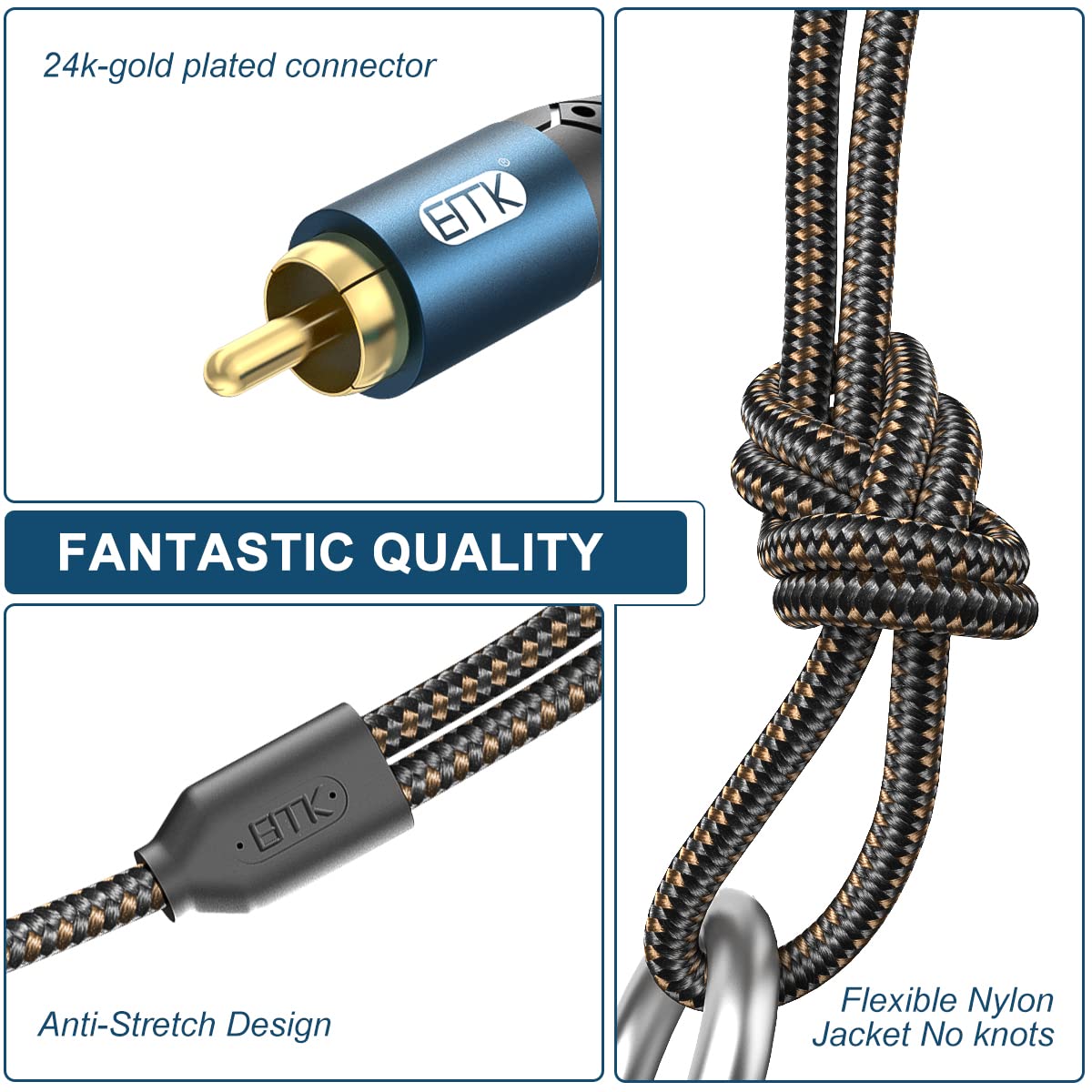 EMK 3.5mm to 2RCA Cable 24K Gold-Plated Nylon Braided RCA to Auxiliary Stereo Audio Headphone Male to Male 1/8 to RCA Cord for Tablet,Subwoofer,Home Theater,DVD Speaker,MP3/MP4,Player 3.3ft/1m