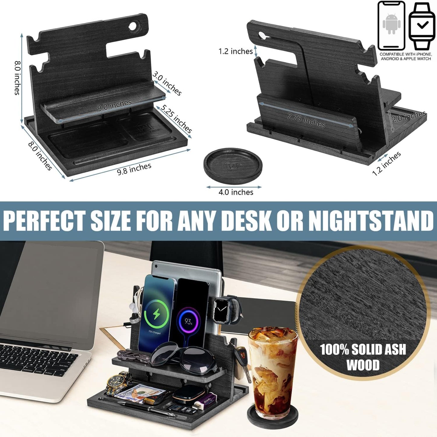 Black Wood Phone Docking Station for up to 3 Phones - Nightstand Organizer for Men & Women, Compatible with Apple Watch, Holds Phones, Tablets, Keys, Rings, Glasses, Watches, EDC & More