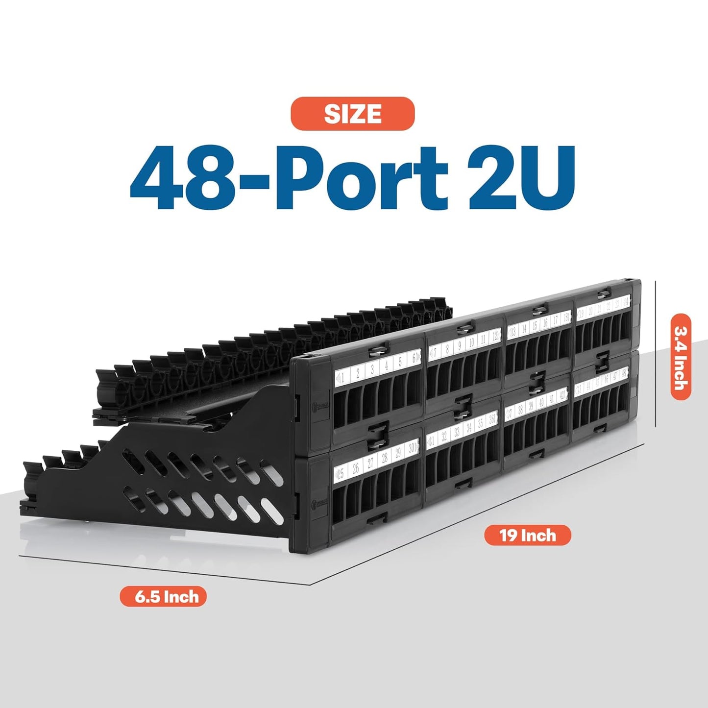 Everest 48 Port Keystone Patch Panel (1-Pack) - Removable 6-Port Panels - Use with Slim Profile Keystones ONLY (Wider Jacks May not fit Side by Side) - 16 Blank Keystone Jack Inserts Included