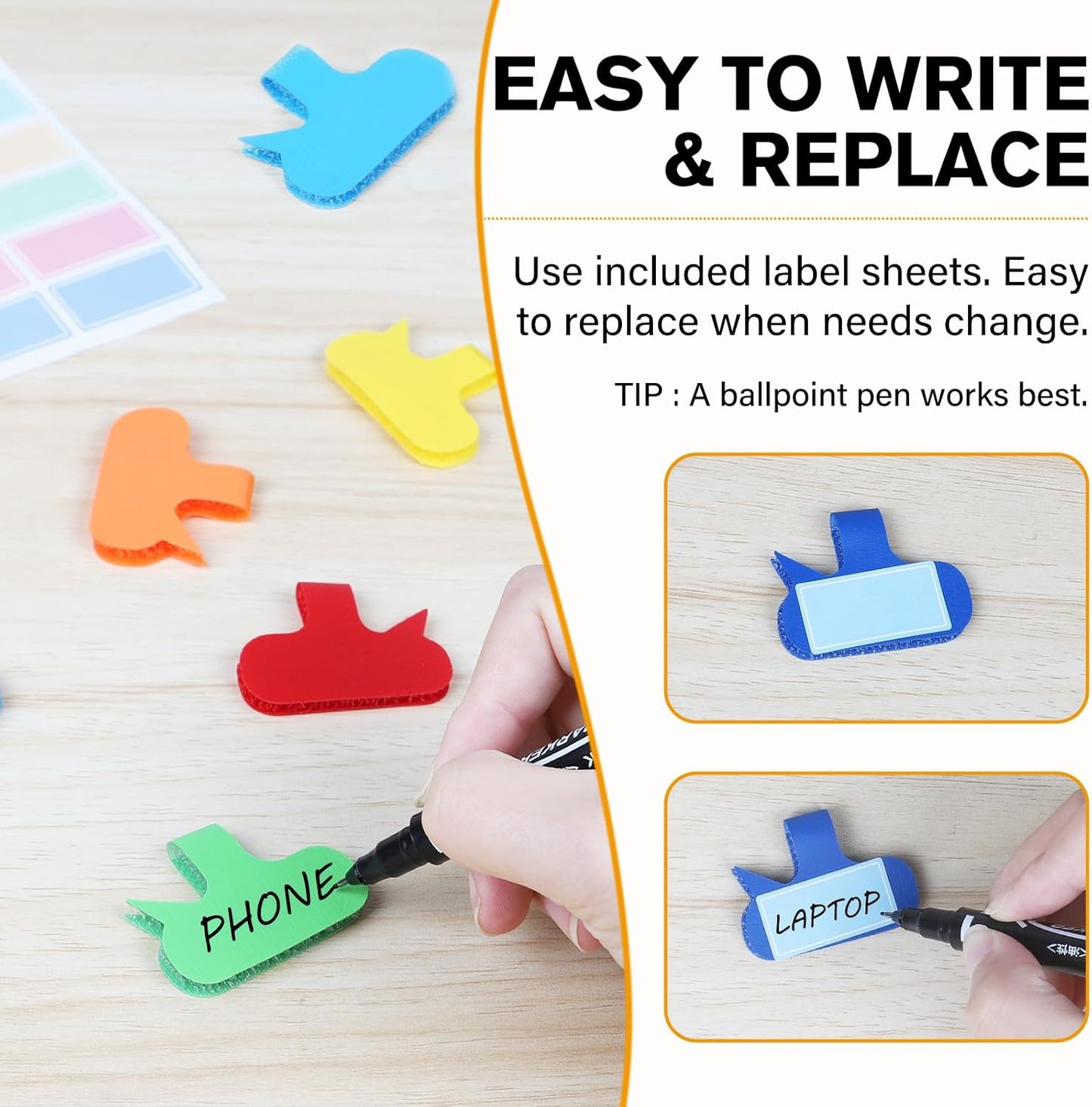 36Pcs Large Cable Cord Labels - 8 Colors Reusable Write-On Wire Tags, Cord Identification Labels for Electronics, with 40Pcs Label Stickers, Cable Management for Home, Office, Oval