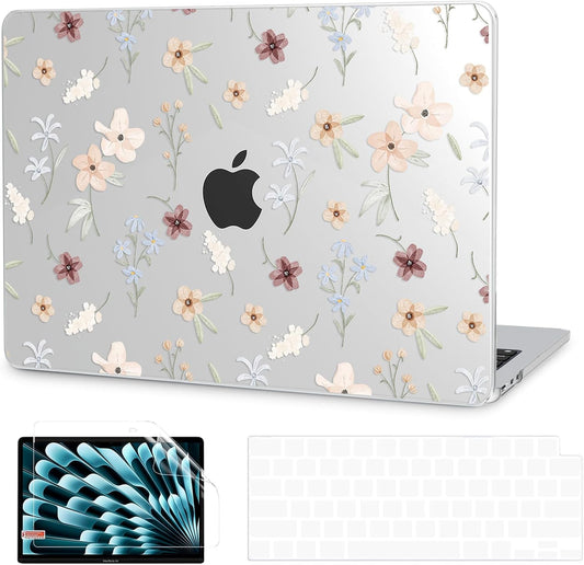 G JGOO Compatible with MacBook Air 13 inch Case 2025 2024 2023 2022 M4 A3240 M3 A3113 M2 A2681, Clear Plastic Hard Shell for MacBook Air 13.6 inch Case + Keyboard Cover + Screen Protector, Florets