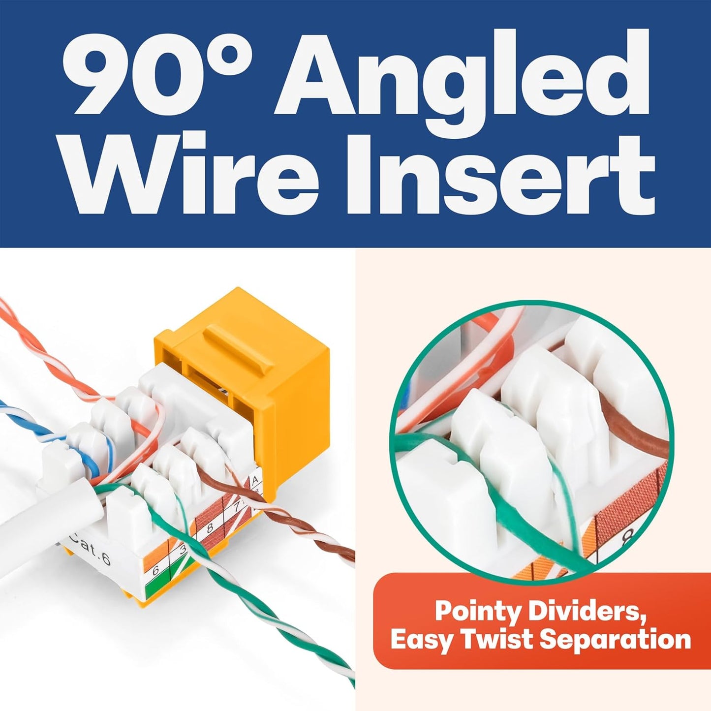 Everest 90° Angled RJ45 Cat6 Keystone Jacks 100-Pack in Yellow - Slim Profile Female RJ45 Connectors - Cat 6 Keystone Jack - Compatible with 90° Angled Speed Termination Tool - easyJACK (B094WB91H3)
