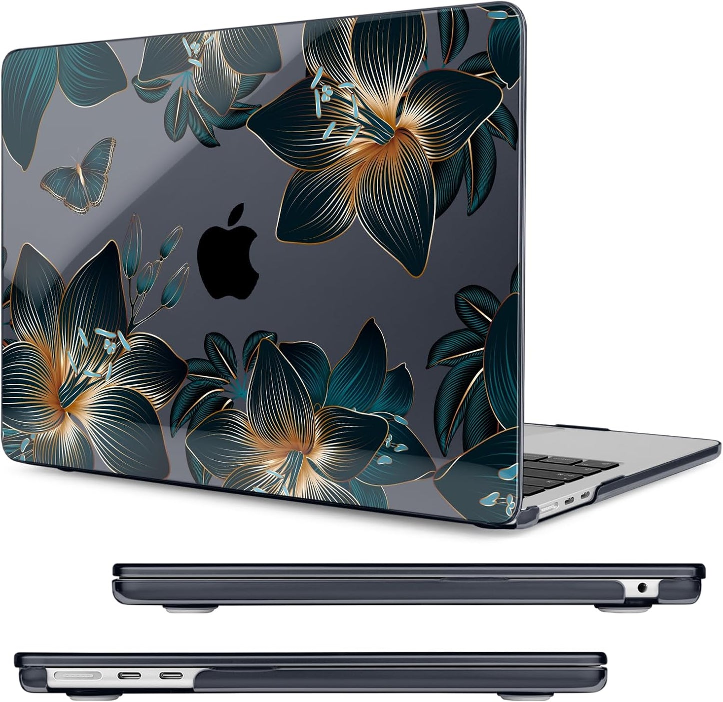 Compatible with MacBook Air 13.6 inch Case, M4 A3240/M3 A3113/M2 A2681 (Released 2025 to 2022), Hard Shell, Keyboard Cover, Screen Protector, Webcam Cover & Type-C Adapter, Golden Lilies