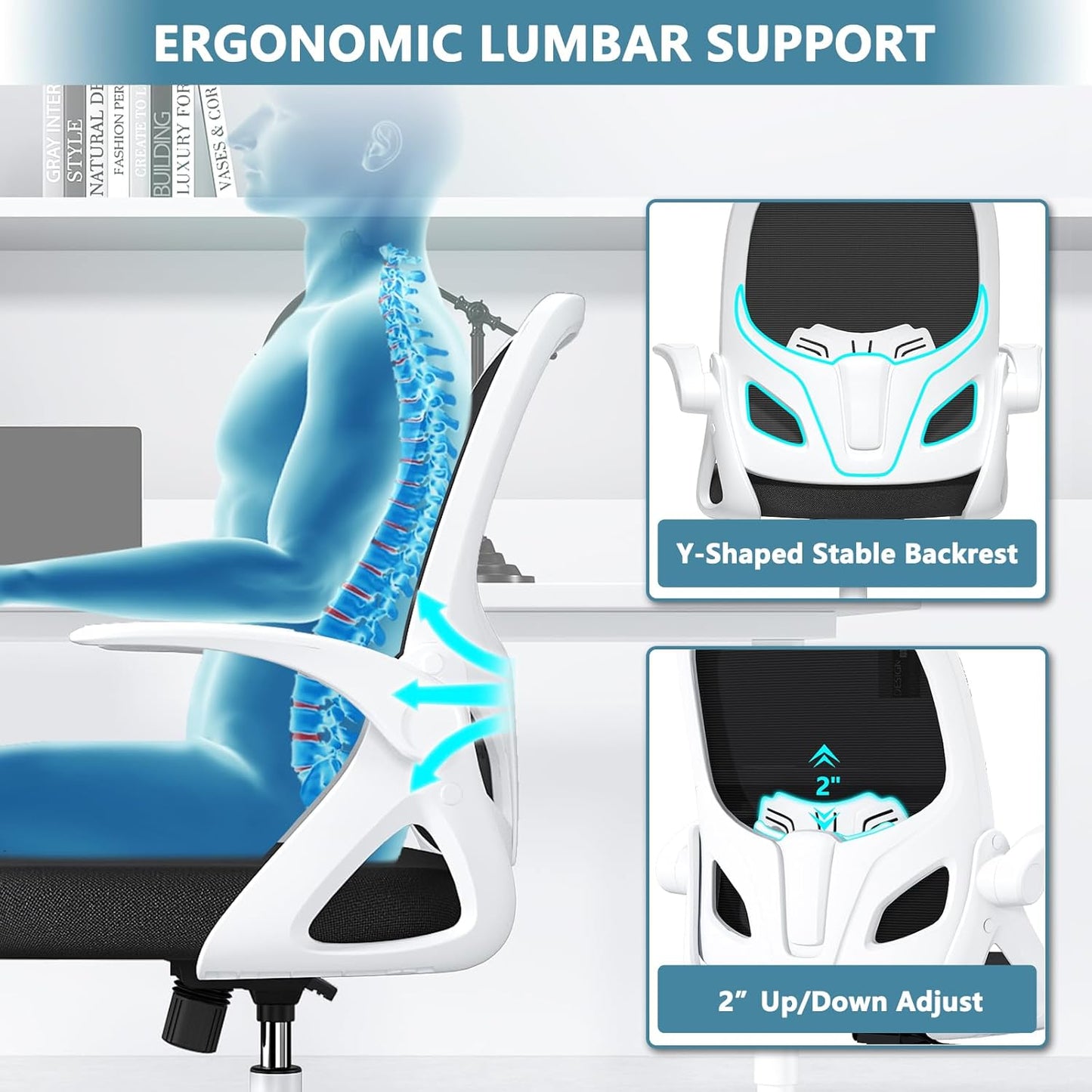 Home Desk Chair with Back Supportive Lumbar Support, Breathable Double Mesh Cushion Home Desk Office Chair with Flip up Arms, Modern Ergonomic Home Desk Office Chair for Work(White)