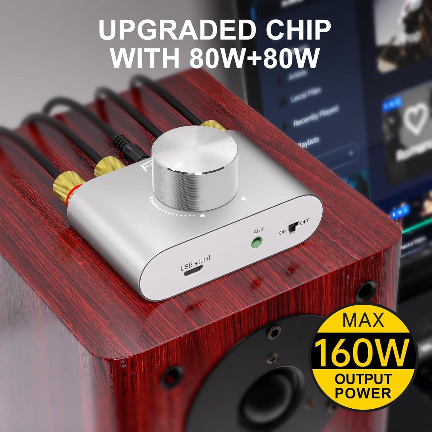 Facmogu F900S 160W Bluetooth 5.0 Mini Amplifier, 80Wx2 2.0CH Audio Power Amplifier, Hi-Fi Stereo Sound Digital Amp Wireless Speaker Amp Receiver w/AUX/USB/BT Input & 12V 5A Power Adapter - Silver