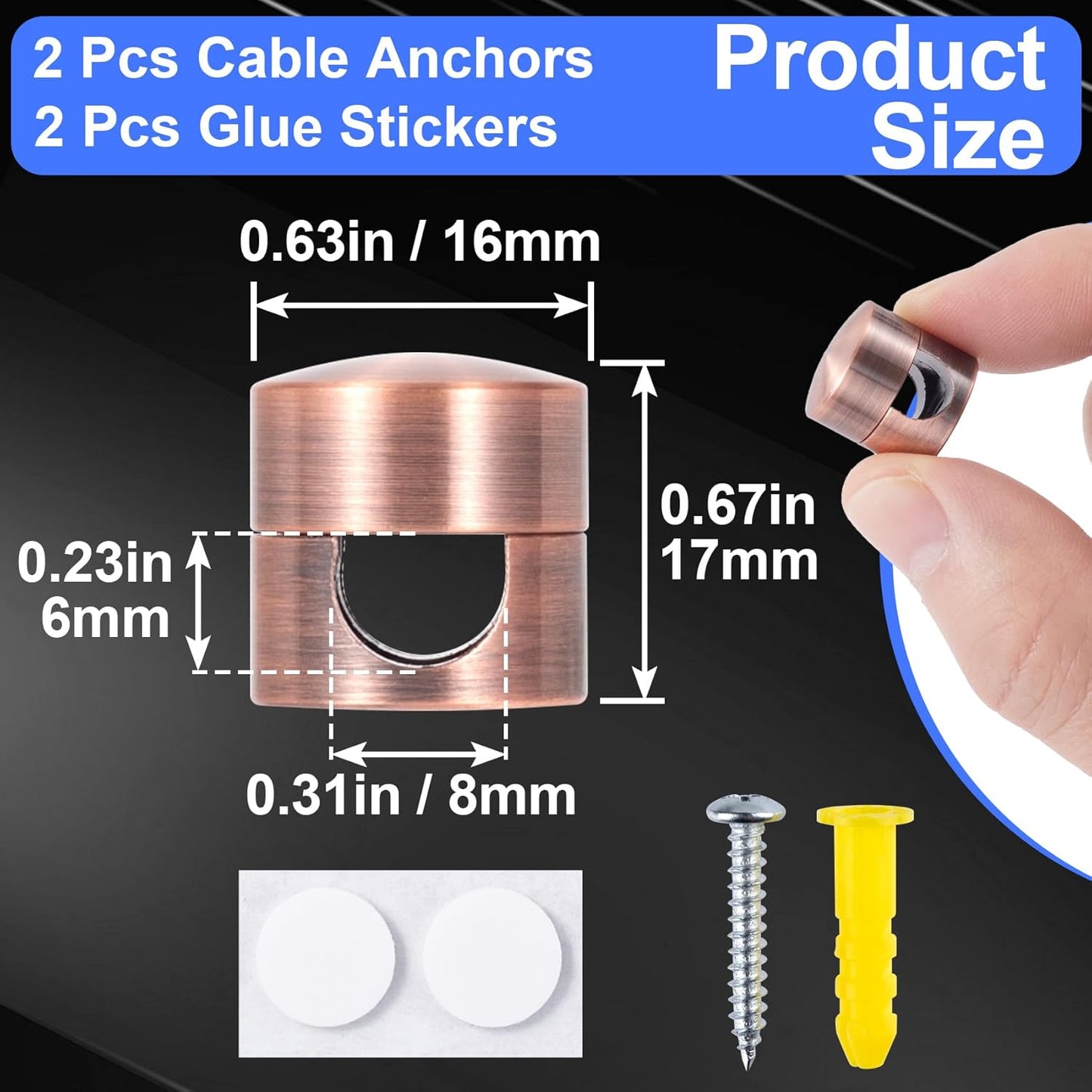 2 Sets Charger Holders for Cords, Red Bronze Color Adjustable Cable Anchor Holders, Adhesive Metal Cord Clips, Cable Management Wire Organizers for Desk, Office, Nightstand