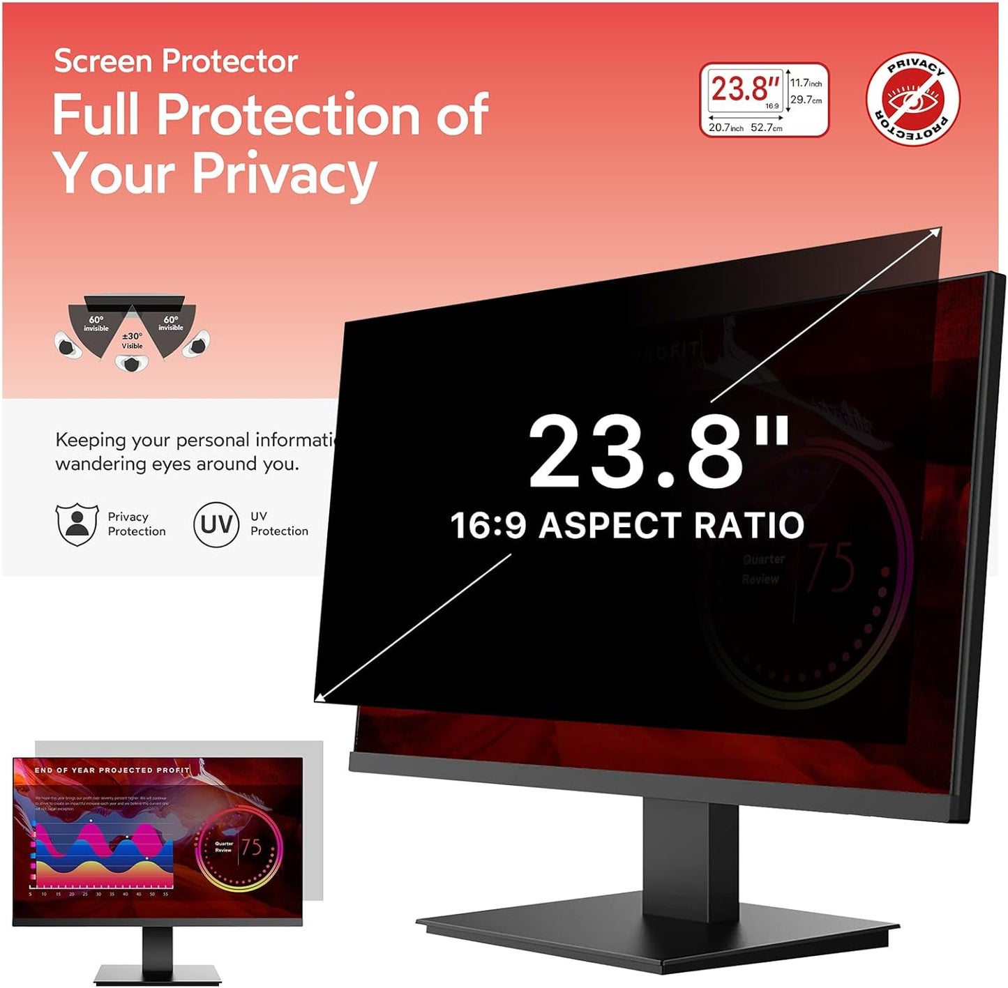 BERSEM 23.8 inch Removable Computer Privacy Screen Filter for 16:9 Ratio Monitor, Anti-Spy, Anti-Glare, Anti-Scratch, UV-Blocking