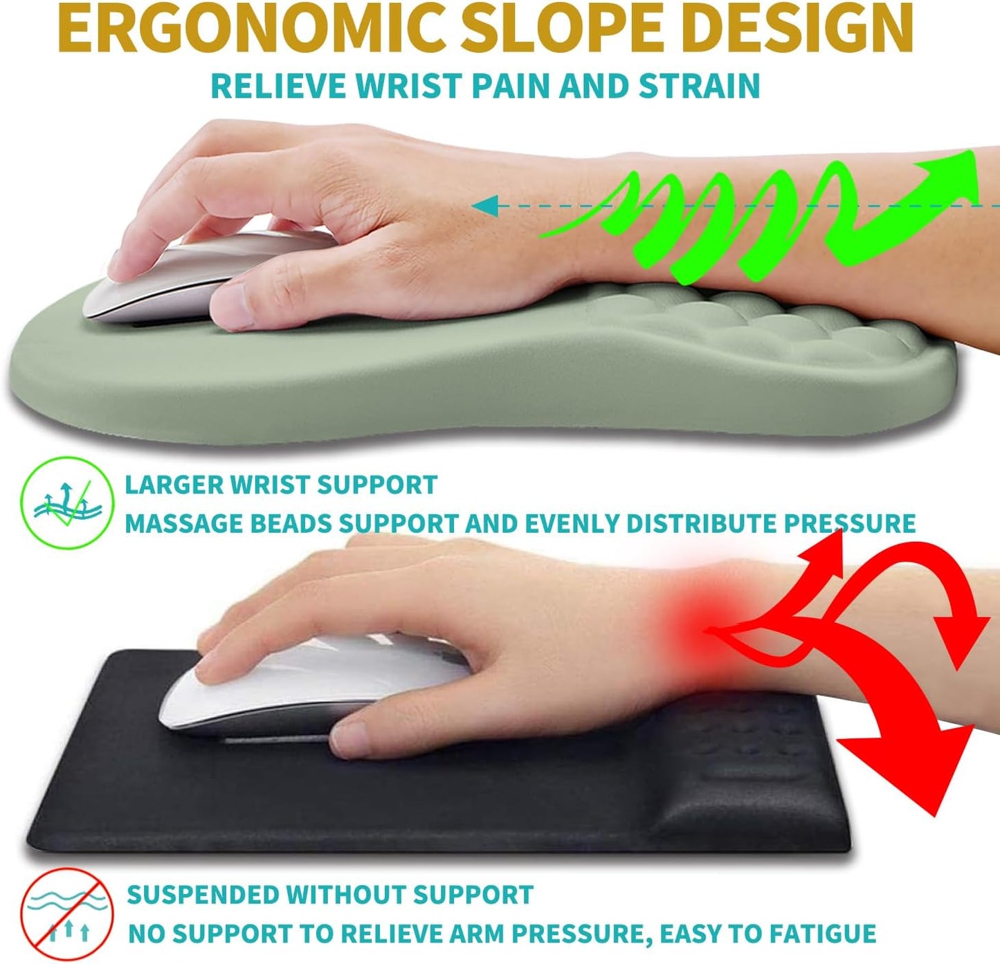 Hokafenle 2 in 1 Ergonomic Mouse Pad Wrist Support & Wrist Rest for Computer Keyboard Set, with Relieve Carpal Tunnel Pain Massage Bulge and Full Memory Gel Design (2In1 Set, Light Green)