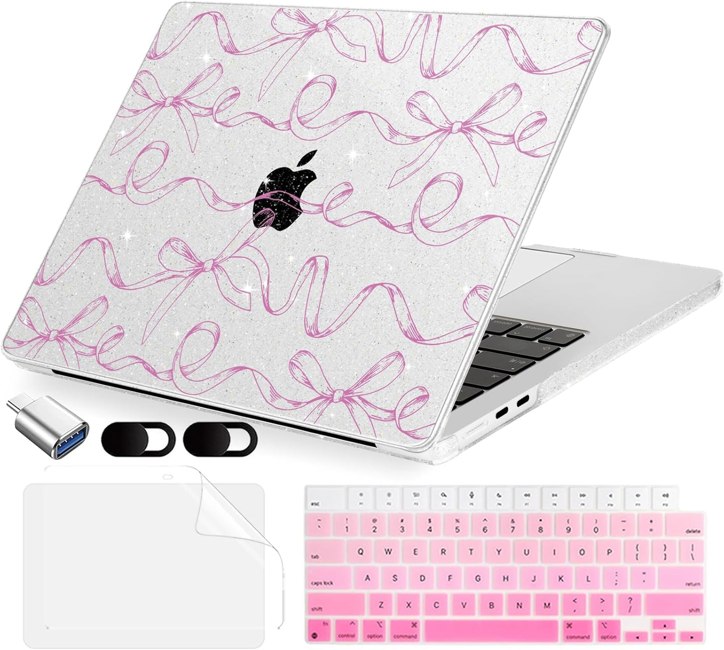 Compatible with MacBook Air 13.6 inch Case, M4 A3240/M3 A3113/M2 A2681 (Released 2025 to 2022), Hard Shell, Keyboard Cover, Screen Protector, Webcam Cover & Type-C Adapter, Sparkly Bows