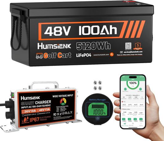 48V 100Ah LiFePO4 Golf Cart Lithium Battery Bluetooth with 48V 15A Charger, 5120Wh Golf Cart Deep Cycle Battery, Built-in 200A BMS
