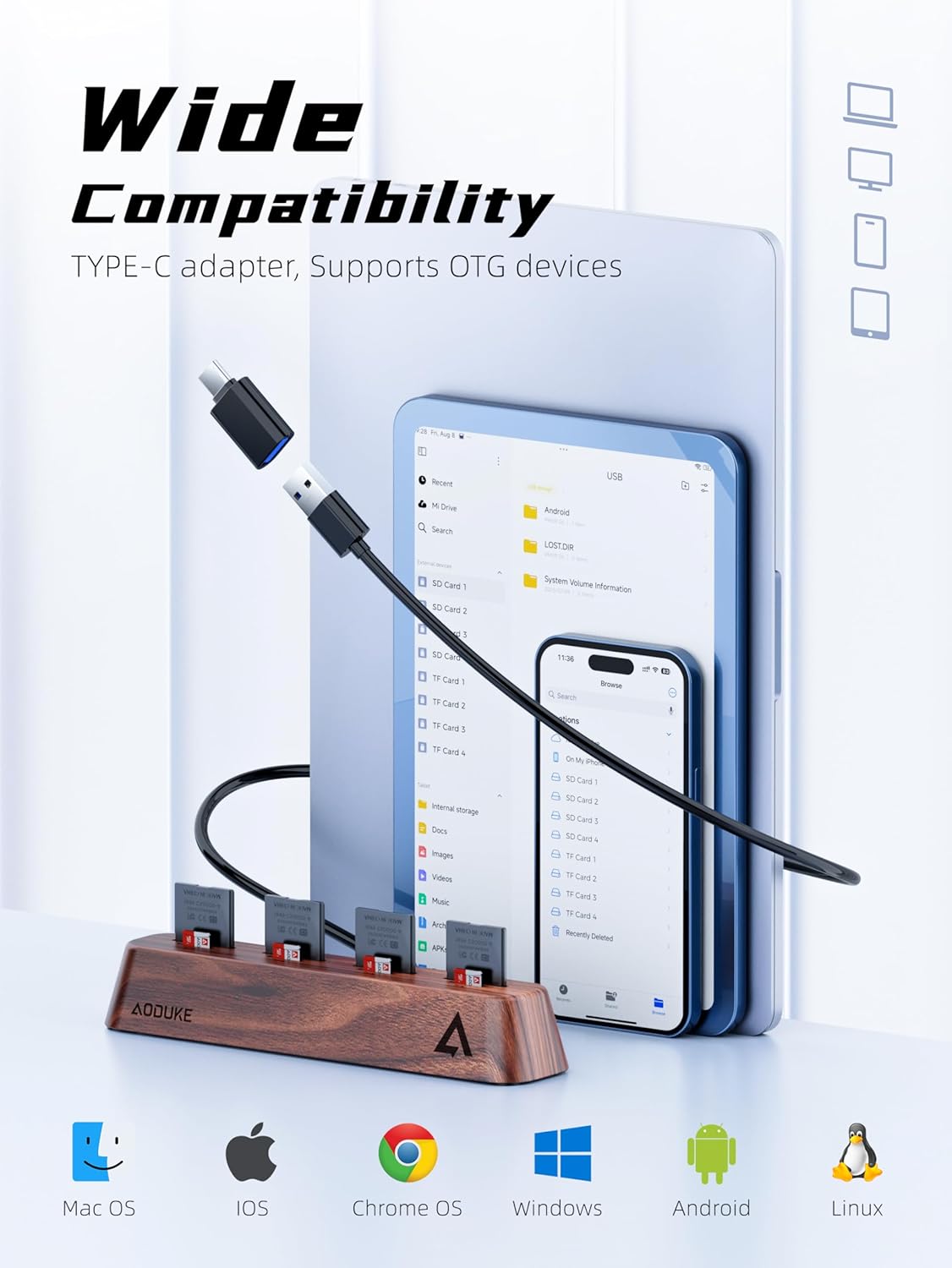 8-Port USB 3.0 SD Card Reader, Walnut Wood Design 5Gbps Data, Simultaneous Support to Micro SD/TF3.0 and SD3.0 Card Read and Write (Compatible UHS-I/II Card)-AST43M