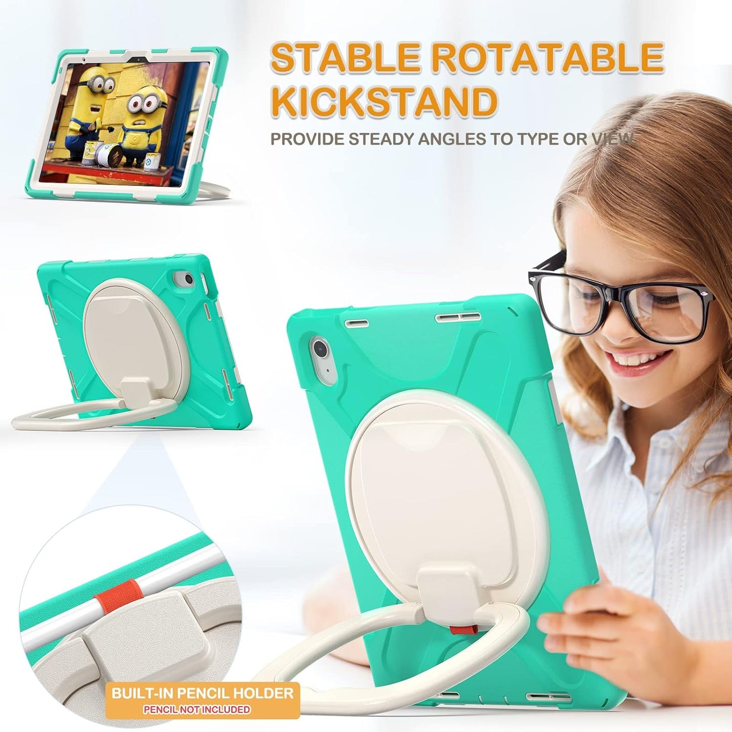 BRAECN Kids Case for iPad (A16) 11th/10th Generation 11”/10.9'' 2025/2022-Shockproof Silicone Cover w/Screen Protector/Pencil Holder/Swivel Handle Grip/Kickstand/Carrying Shoulder Strap, Mint Green