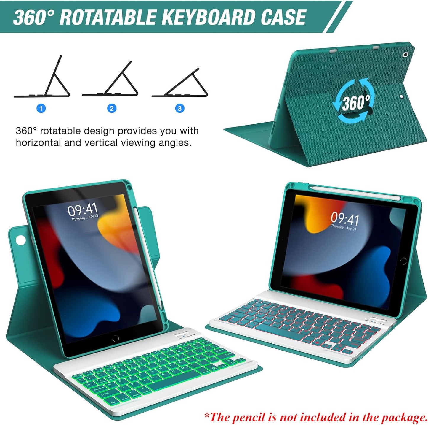Keyboard Case for iPad 9th/8th/7th Generation 10.2 inch 2021/2020/2019 & ipad Pro 10.5-inch & ipad Air 3 2019-Backlit Detachable keyboard 360° Rotatable Folio Cover with upper pencil holder-(Teal)