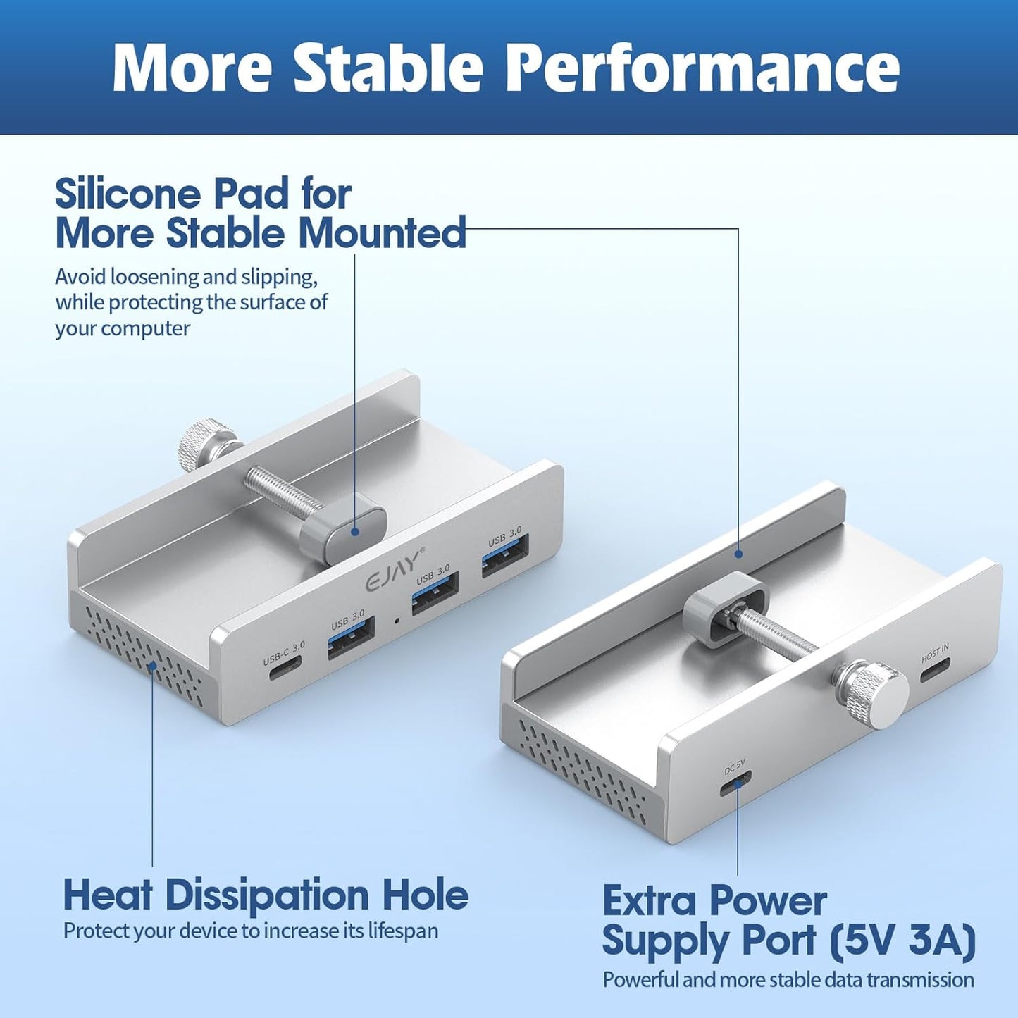 EJAY Mountable 4Ports USB3.0 HUB Alu Desktop Clamp Type C USB3.0 Splitter for Desk/Monitors with Extra Power Supply Port,59inches Data & 39inches Power Cables-5Gbps (JK-3A1C-SV)