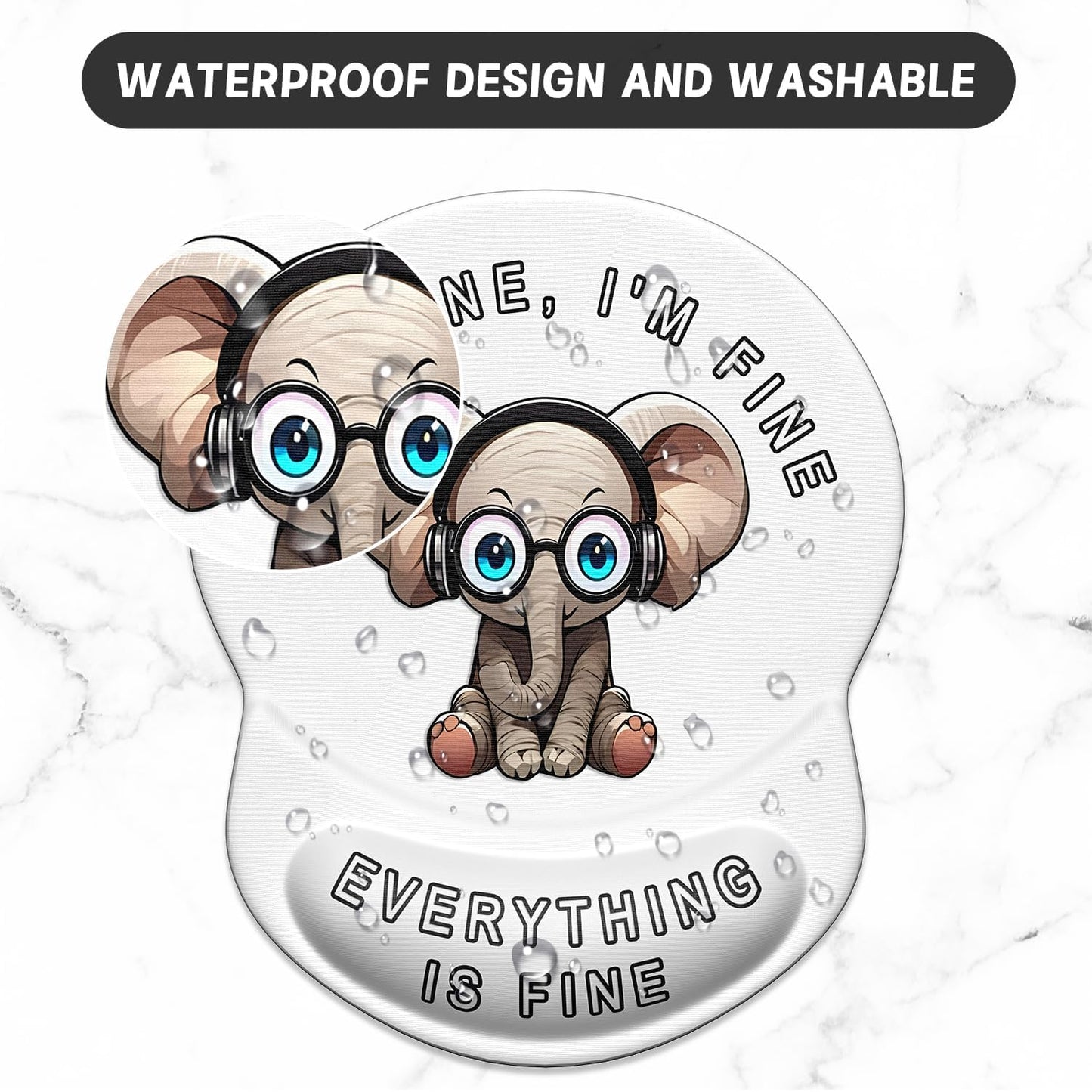 ITNRSIIET Ergonomic Mouse Pad with Gel Wrist Support Small Wrist Rest Smooth Surface Non-Slip PU Base Comfortable Office Supplies Pain Relief, 8.7 x 7.2 inches, Pretty Fine Elephant White