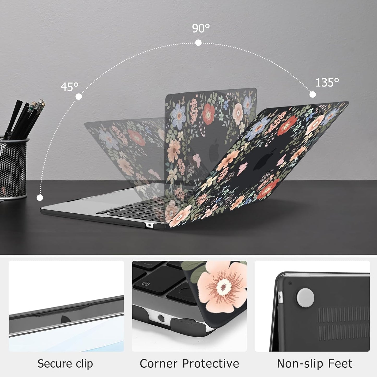 MOSISO Compatible with MacBook Air 13 inch Case 2025 2024 2023 2022 M4 A3240 M3 A3113 M2 A2681, Lush Floral Hard Shell&Keyboard Cover&Screen Protector for MacBook Air 13.6 inch Case, Black