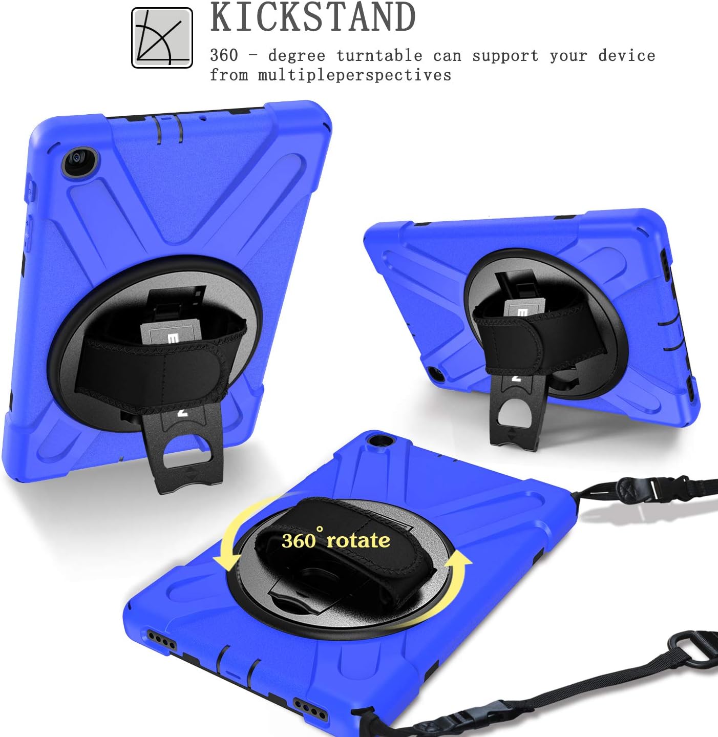 BRAECN for Galaxy Tab A 10.1 Case SM-T510/SM-T515,[Adjustable Hand Strap] [Rotating Stand] [Attachable Shoulder Strap] Heavy Duty Drop Protection Rugged Case for Samsung Tab A 10.1 Inch 2019 -Blue