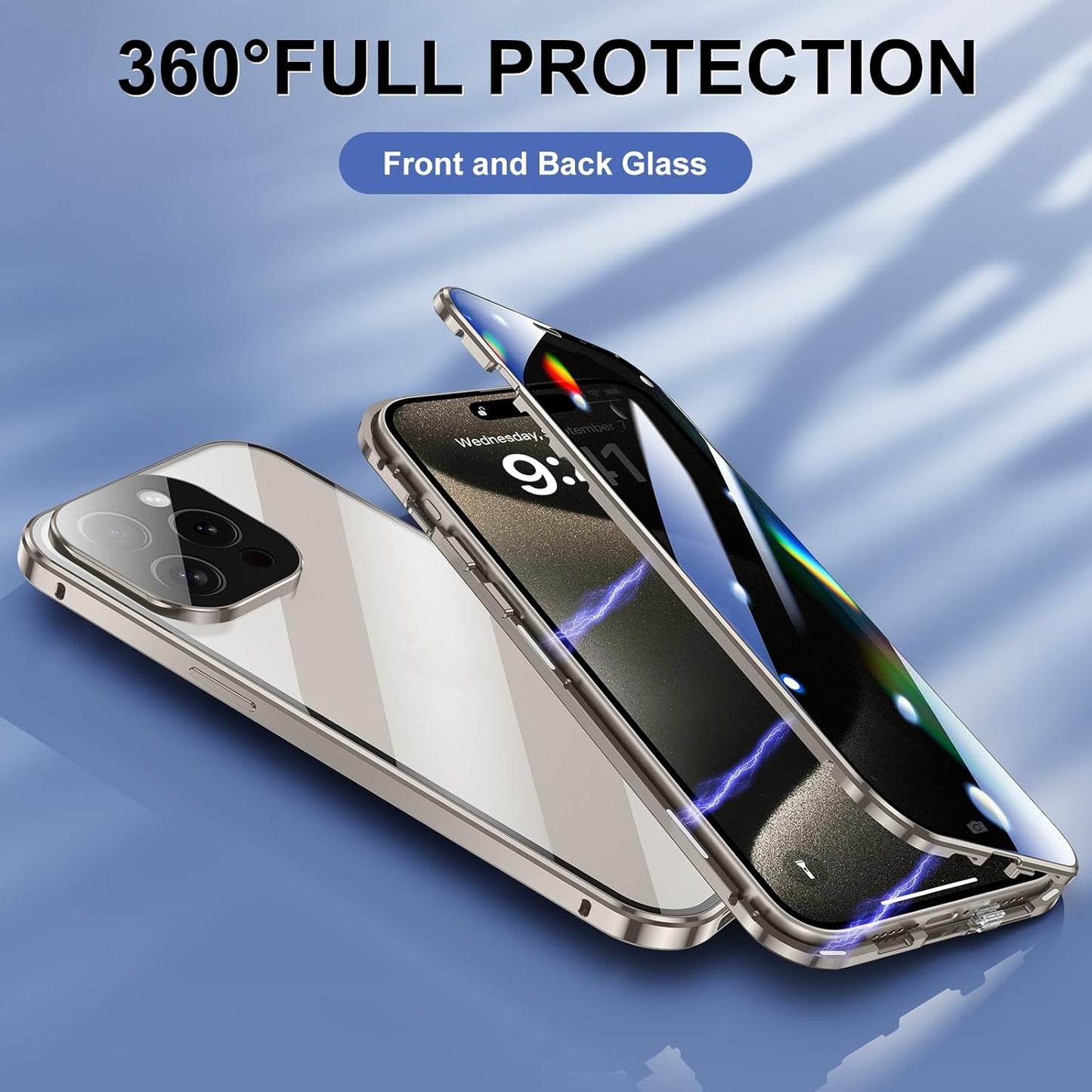 Jonwelsy Anti Peeping Case for iPhone 15 Pro (6.1"), 360 Degree Front and Back Privacy Tempered Glass Cover, Magnetic Adsorption Metal Bumper (Blue)