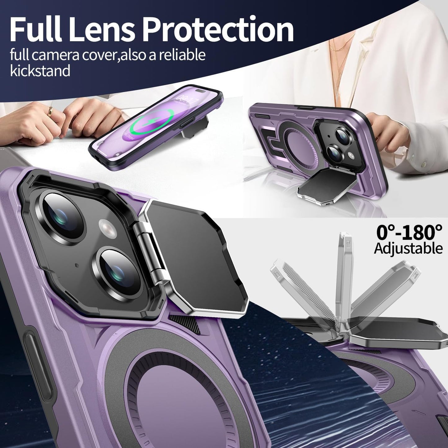 Camera Stand Case for iPhone 15, [Compatible with Mag Safe] [Lens Cover] 2024 Version Military Grade Protective Soft Case for iPhone 15 6.1 inch Men Women, Purple