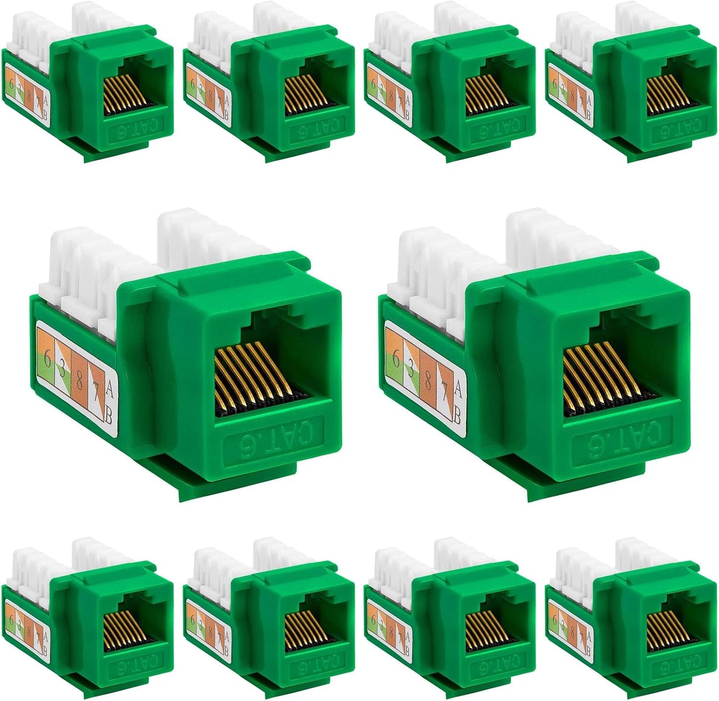 Cmple - 10 Pack Cat6 Keystone Jack Insert Punch Down RJ45 Connectors RJ45 Keystone Jack 90 Degree Female for Wall Plates, Patch Panels, Patch Cables, Ethernet Cables - Green