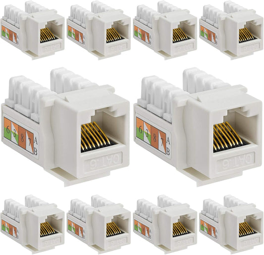 Cmple - 10 Pack Cat6 Keystone Jack Insert Punch Down RJ45 Connectors RJ45 Keystone Jack 90 Degree Female for Wall Plates, Patch Panels, Patch Cables, Ethernet Cables - White