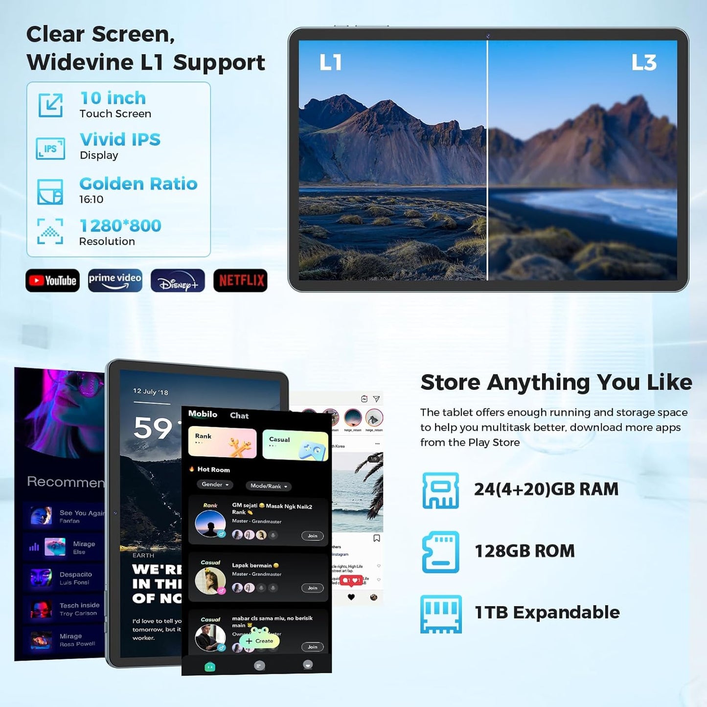 Android Tablet with Keyboard, Android 15 Tablet 10 inch with 24GB+128GB, 1TB Expand, 8-Core, 8000mAh, 5G WiFi, Widevine L1, GMS, with Case, Keyboard, Mouse, Stylus(Black)