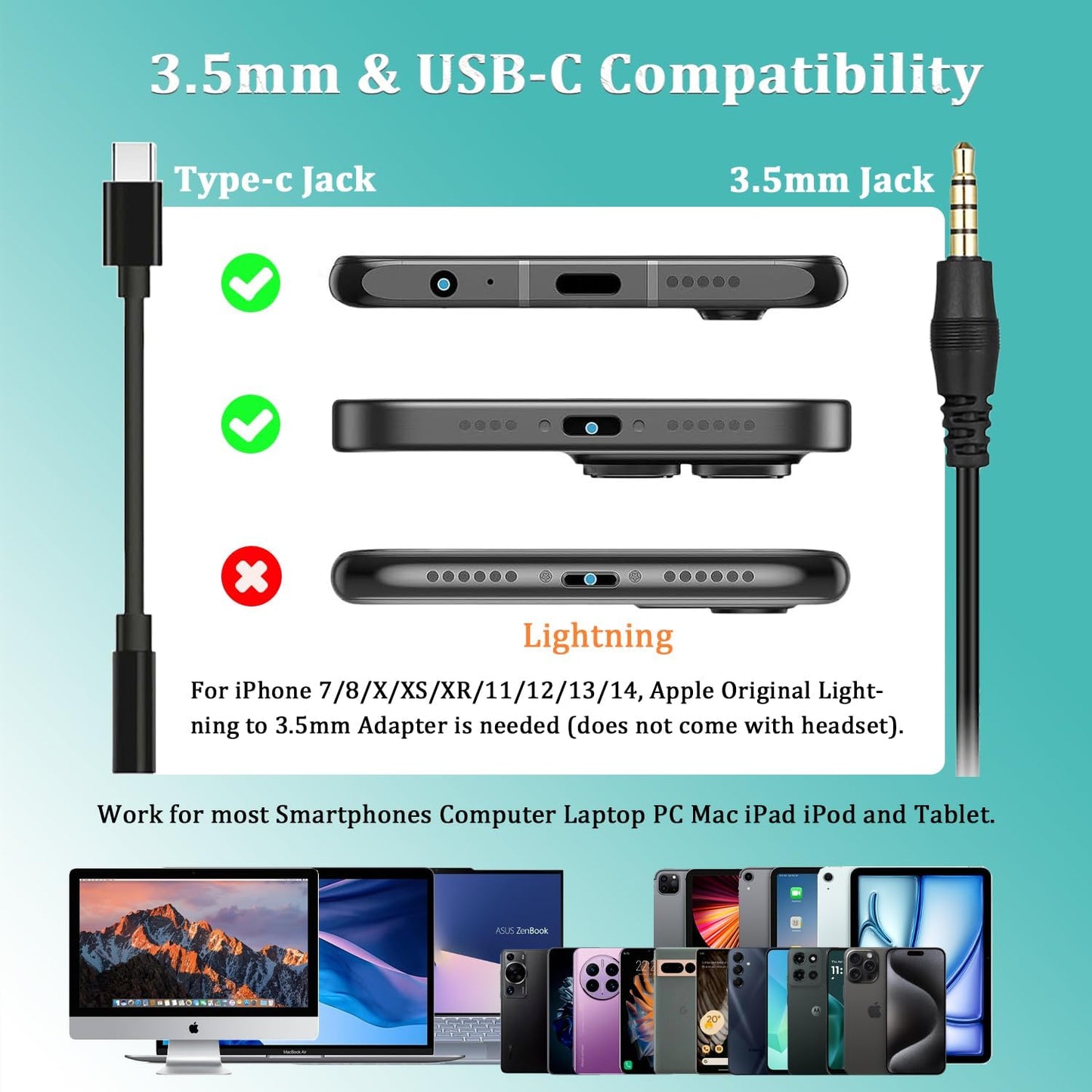 3.5mm Jack Cell Phone Headset with Microphone Noise Cancelling for PC Laptop, Wired Computer Headphones for iPhone Android Zoom Home Office Work School Classroom, in-line Control, Comfort-Fit