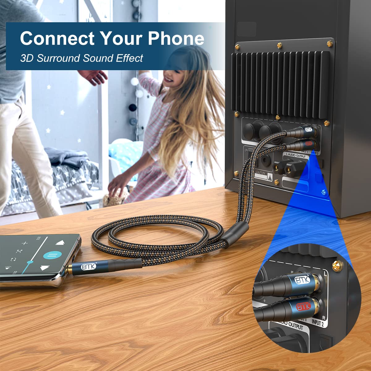 EMK 3.5mm to 2RCA Cable 24K Gold-Plated Nylon Braided RCA to Auxiliary Stereo Audio Headphone Male to Male 1/8 to RCA Cord for Tablet,Subwoofer,Home Theater,DVD Speaker,MP3/MP4,Player 6.6ft/2m