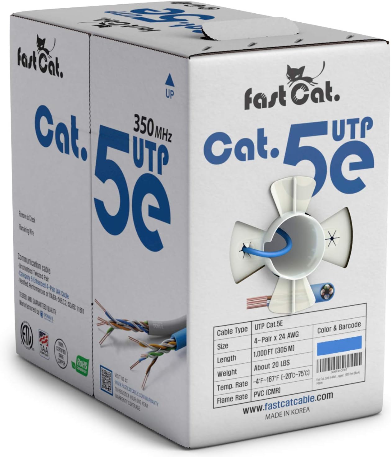 fast Cat. Cat5e Ethernet Cable 1000ft - 24 AWG, CMR, Insulated Bare Copper Wire Cat 5 ethernet Cable with FastReel - 350MHZ / Gigabit Speed UTP Cable Cat5e - CMR (Blue)