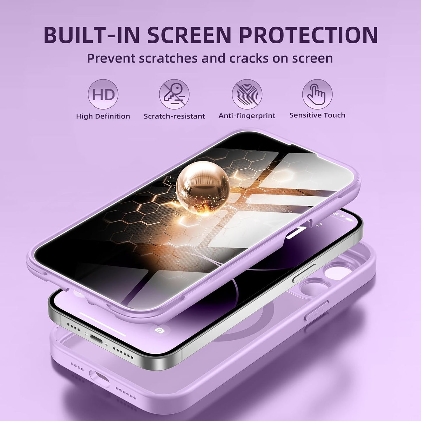 BERFY Magnetic for iPhone 14 Pro Max Case,Compatible with MagSafe,Built-in Privacy Screen Protector and Upgraded Camera Protection,Anti-Spy Full Body Shockproof Phone Case for 14 Pro Max, Light Purple