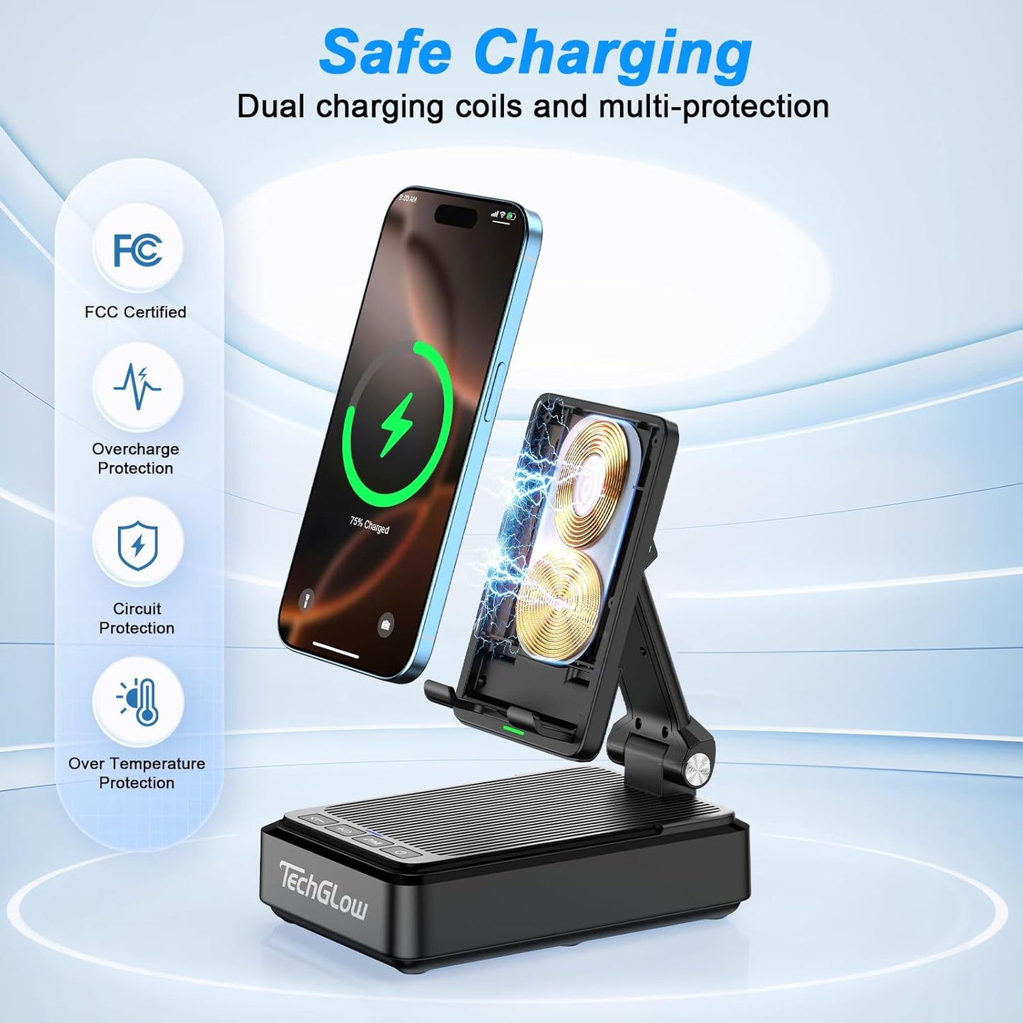 Gifts for Men Women-TechGlow Bluetooth Speaker with Phone Stand and Wireless Charger Compatible with iPhone 16 15 14 13 Pro XS 8 Plus Samsung Galaxy S25 S24 S23 Note 20 Birthday Gift Idea for Mom Dad