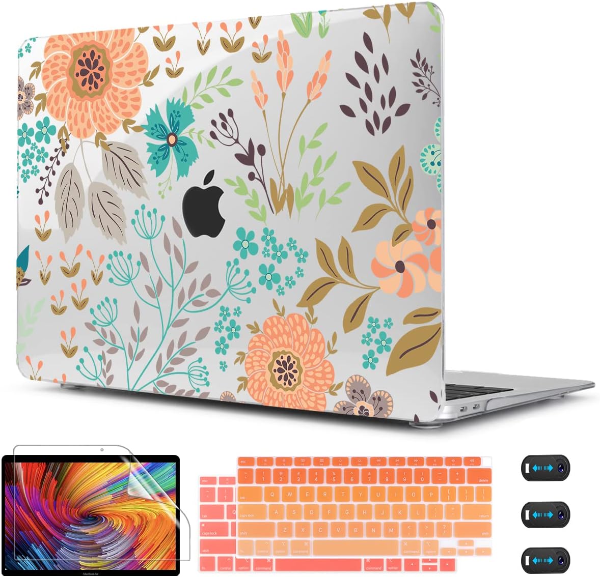 CISSOOK Case for MacBook Air 13 inch 2021 2020 2019 2018 Release Model A2337 M1 A2179 A1932, Orange Flowers Hard Shell Case with Keyboard Cover + Screen Protector for MacBook Air 13" with Touch ID