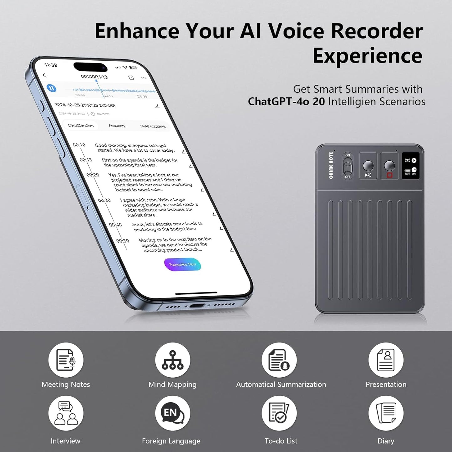 AI Voice Recorder, Voice Recorder with No Fee for Transcribe & Summarize, Empowered by ChatGPT, APP and WEB Sync, Support 107 Languages, 64GB Memory,Digital Voice Recorder for Meetings/Calls-Dark Gray