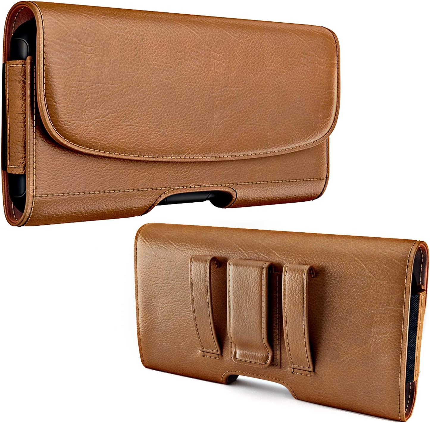 Holster for iPhone 16 16e Pro 15 14 13 12 11 10 XR Xs X, Samsung Galaxy S25 S24 S23 5G - Cell Phone Belt Holder Case with Clip - ID Card Magnetic Pouch - Brown