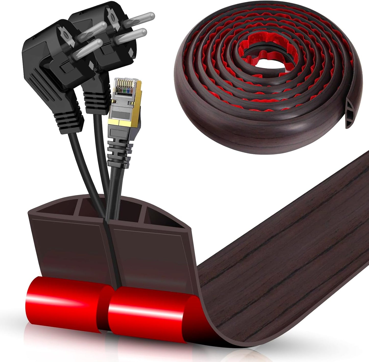 Floor Cord Cover Cavity 0.8"x0.37" Self Adhesive Cord Hider, 10FT Low Profile Cable Management, Extension Strip Protector for Wires, Prevent Cable Trips for Offices, Gyms, Exhibitions（Black Wood）