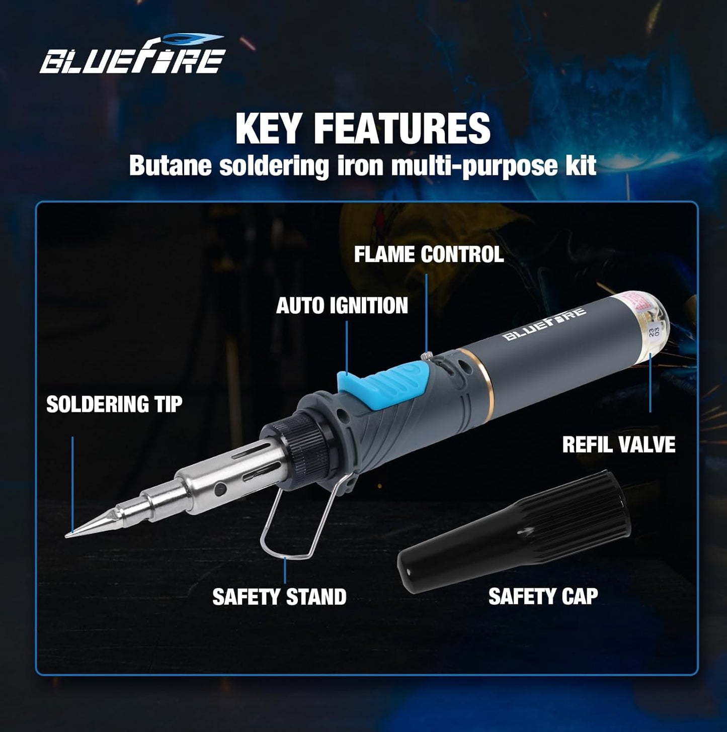 BLUEFIRE MRT-1117K Cordless Butane Soldering Iron Kit Portable Multi-Purpose Mini Torch for Electronics, Jewelry, Welding & Brazing|Self-Igniting,Flame Control,Light Weight,Rapid Heat Up,Inflatable