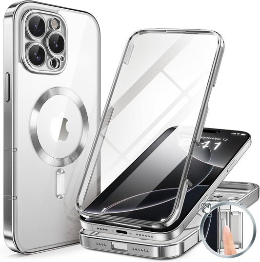 BERFY Magnetic for iPhone 16 Pro Max Case, Compatible with MagSafe,[Built-in 9H Tempered Glass Screen Protector & Upgraded Camera Protection] Full Body Plating Phone Case for 16 ProMax,Titanium Silver