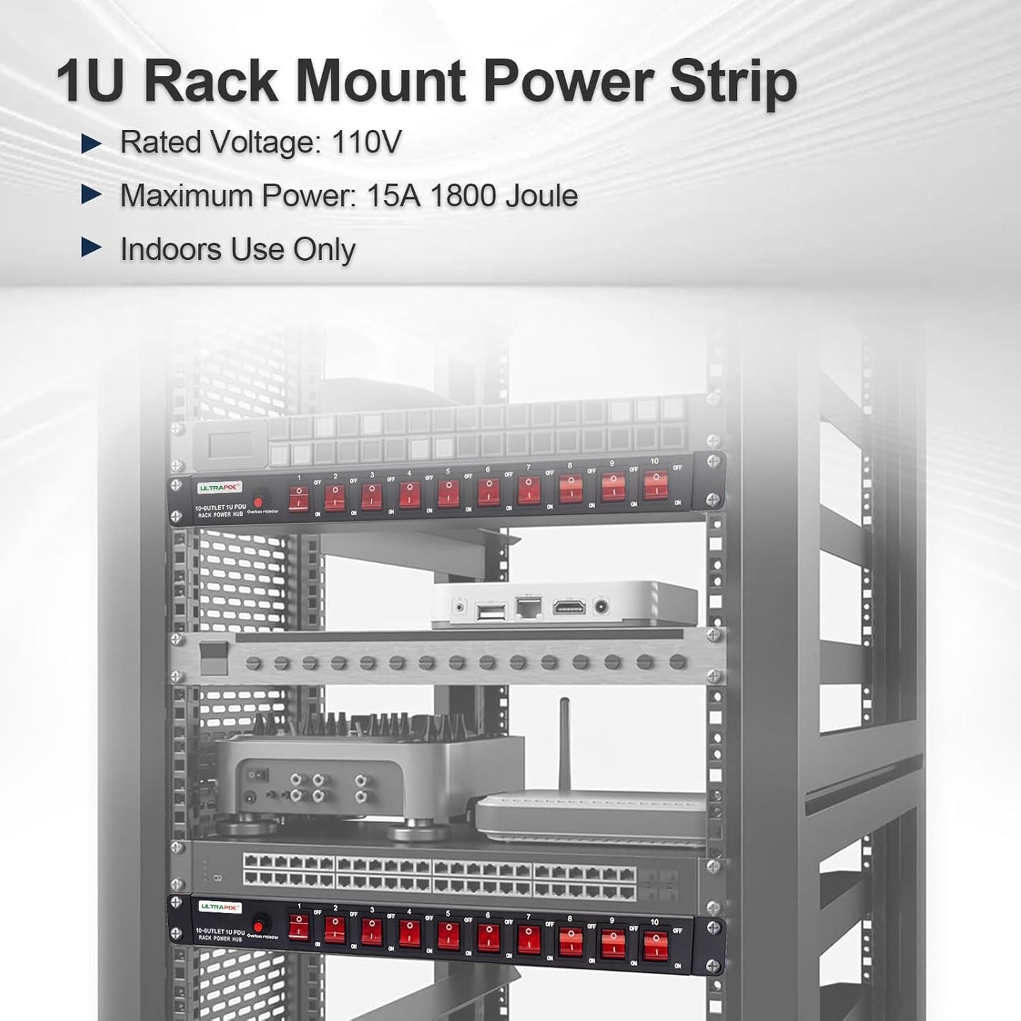 10-Outlet 1U Horizontal PDU Rack Mount Power Strip - Surge Protector,100-240V/15A/1800 Joules,for Network Servers,Power Conditioner with 10 Individual Switches and 6 ft Power Cord