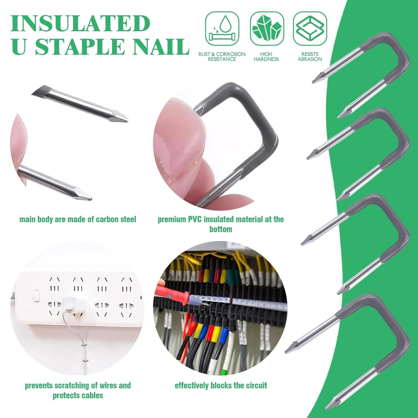 800Pcs 4mm 6mm 8mm 10mm J-Hook Ethernet Cable Nails Wire Clips with Steel Nails and 5/8" 3/4" 1/2" 1" Insulated U Staple Nail for Home Office Business