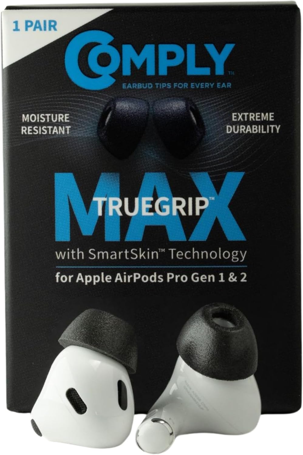 Comply TrueGrip MAX | Premium Memory Foam Replacement Earbud Tips for Apple AirPods Pro 1 & 2 | Long Lasting Comfort, Extreme Durability, Secure Fit, Superior Noise Isolation| Black (Medium) (1 Pair)