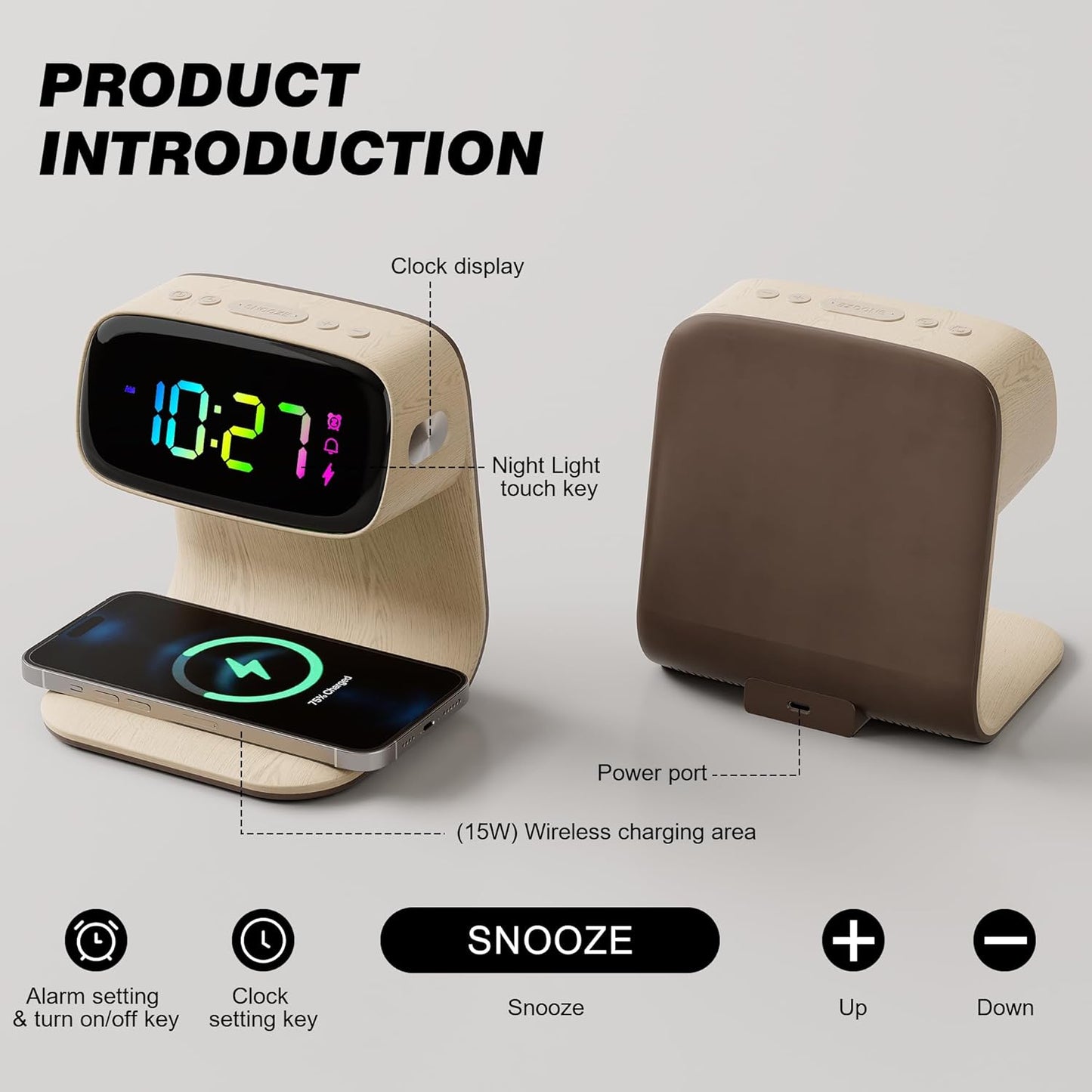 Digital Alarm Clock with Wireless Fast Charging Station 15W Touch Smart Lamp for Bedside,3 Colors Nightlight Adjustment Night Lamp for Living Room,Bedside,Heavy Sleepers (Woodgrain+Cable&Adapter)
