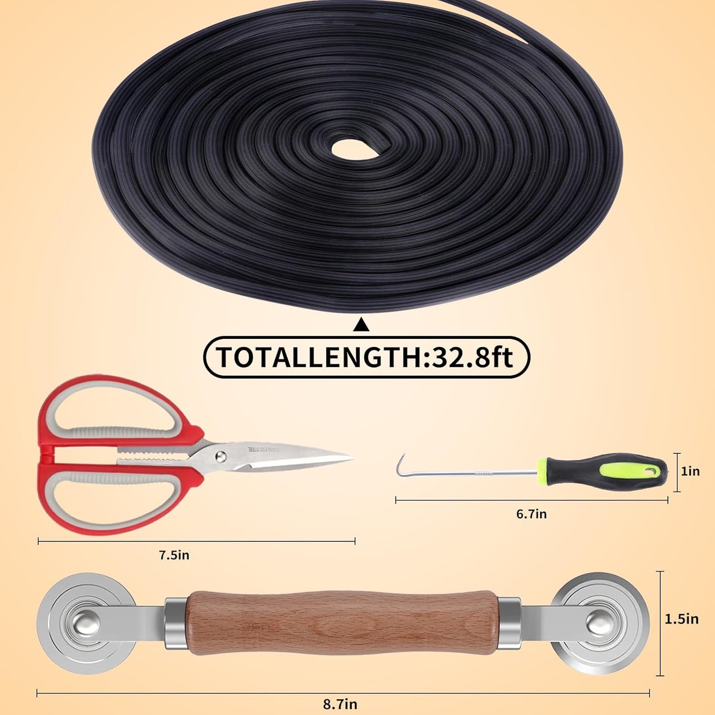 4 in 1 Window Screen Repair Tool Kit,Including 32Ft Spline(Diameter 0.137IN),Steel Roller Tool with Bearing,Spline Removal Hook and High Quality Scissors,for Installing Door and Window Mesh Screens.