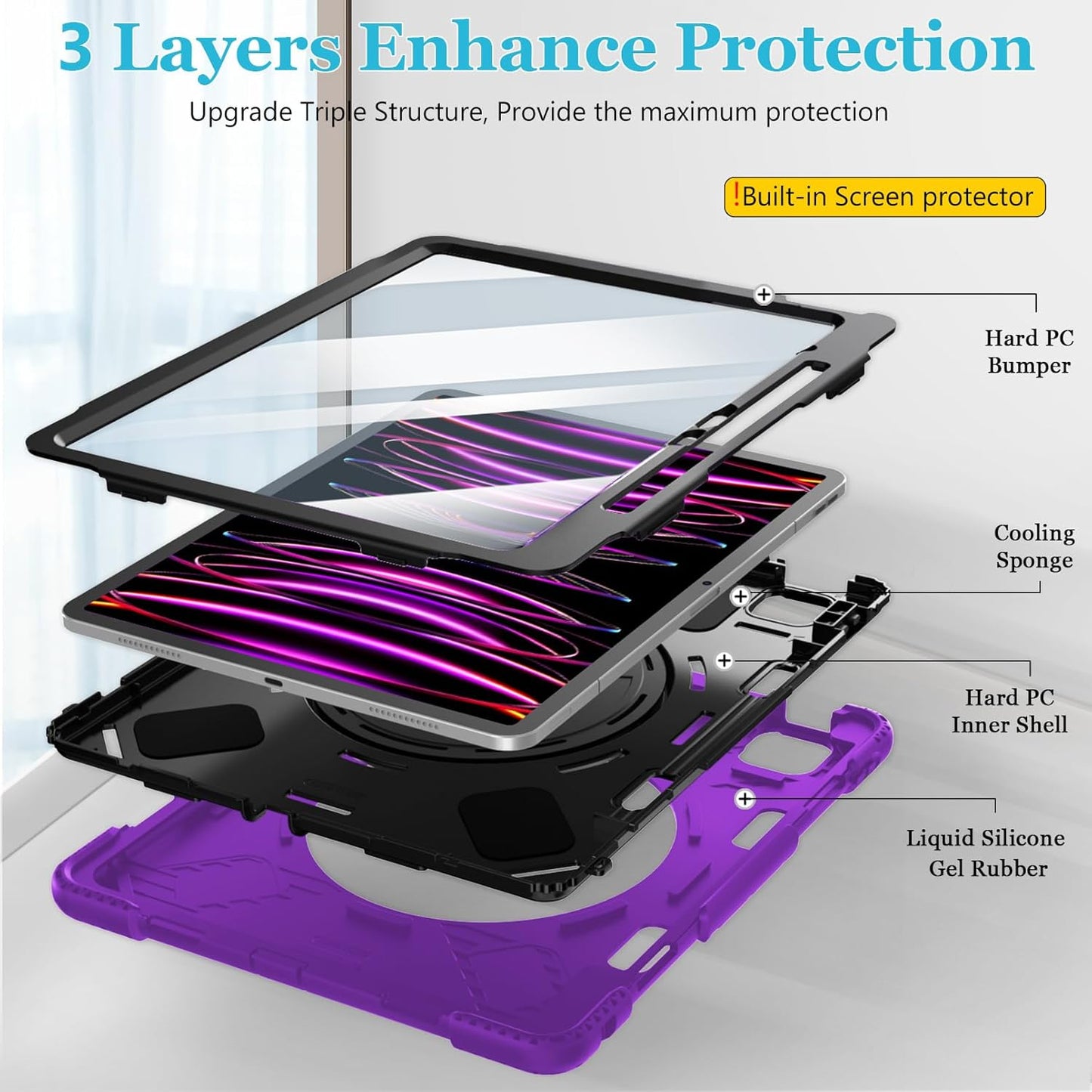 Case for iPad Pro 12.9 2022/2021/ 2020/2018: Cover for iPad Pro 12.9 6th/ 5th/ 4th/ 3rd Generation with Screen Protector- Stand- Pencil Holder- Handle- Shoulder Strap Purple