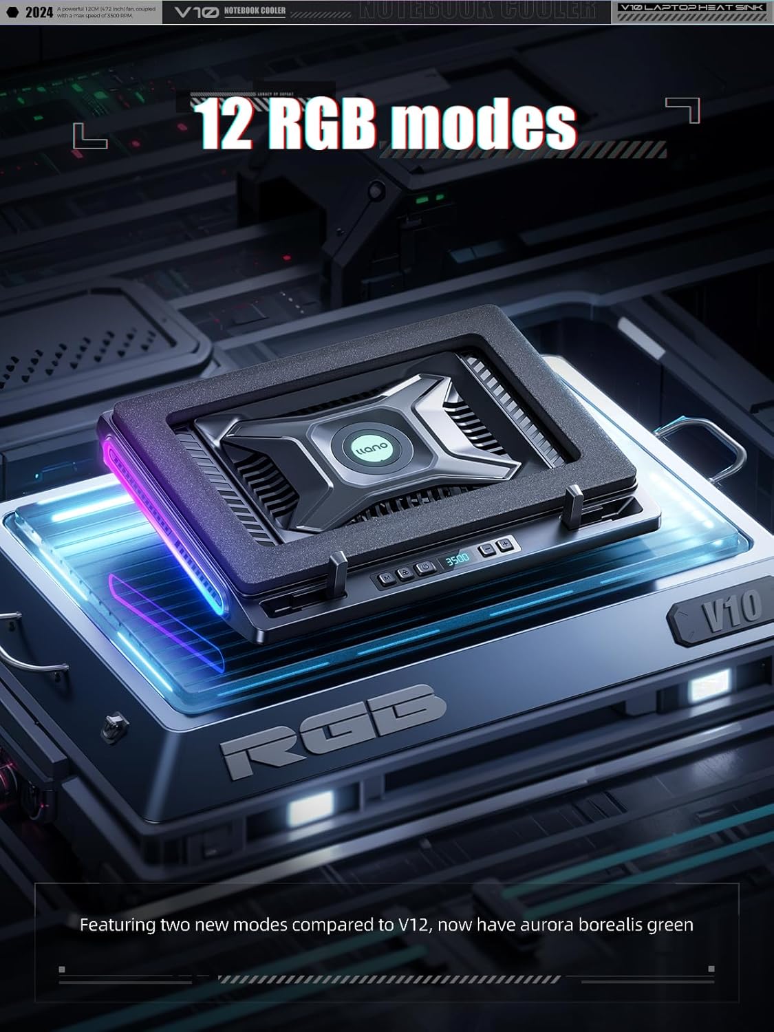 llano V10 Gaming Laptop Cooling Pad, RGB Laptop Cooler Stand with Powerful 4.72 Inch External Turbo Cooling Fan, Fast Cooling Computer 13-17.3in, Button Control, 3 Adjustable Stand, 4-Port USB C&A