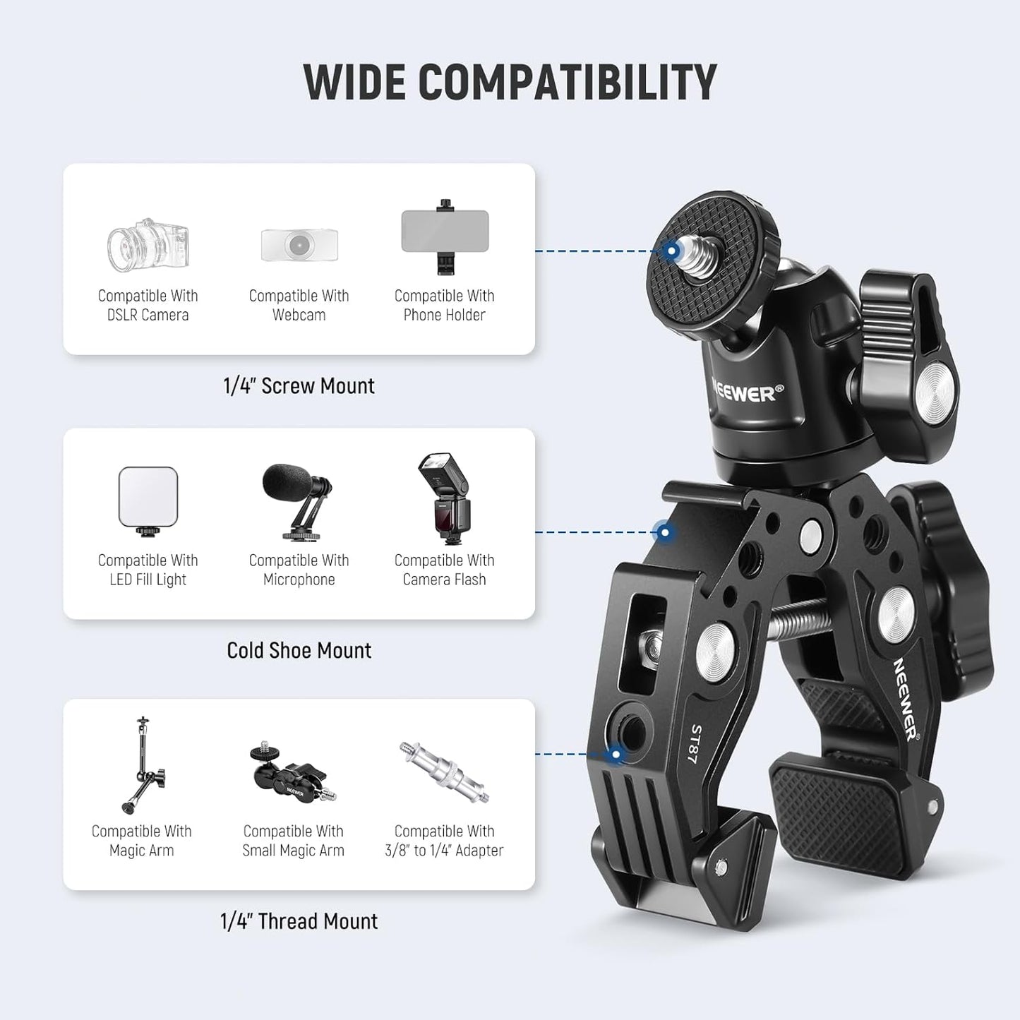 Neewer Super Clamp with Ballhead, Cold Shoe, Phone Holder and Action Camera Mount Adapter for Flat/Round Surface Compatible with GoPro DJI iPhone 15 Pro Max, ST87