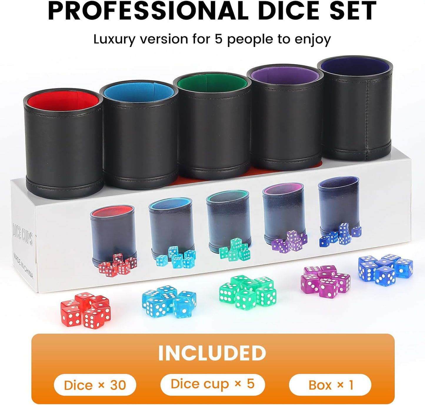5 Pack PU Leather Dice Cups Velvet Felt-Lined Shaker Cups with 30 Dot Dice for Bar Party Yahtzee Farkle Dice Games